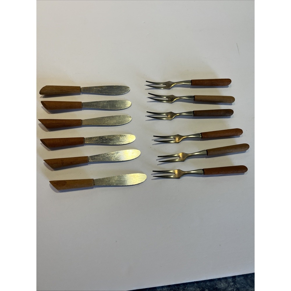VTG MCM Set 12 Cocktail Forks Knives Stainless Steel Wood Teak Handle Japan
